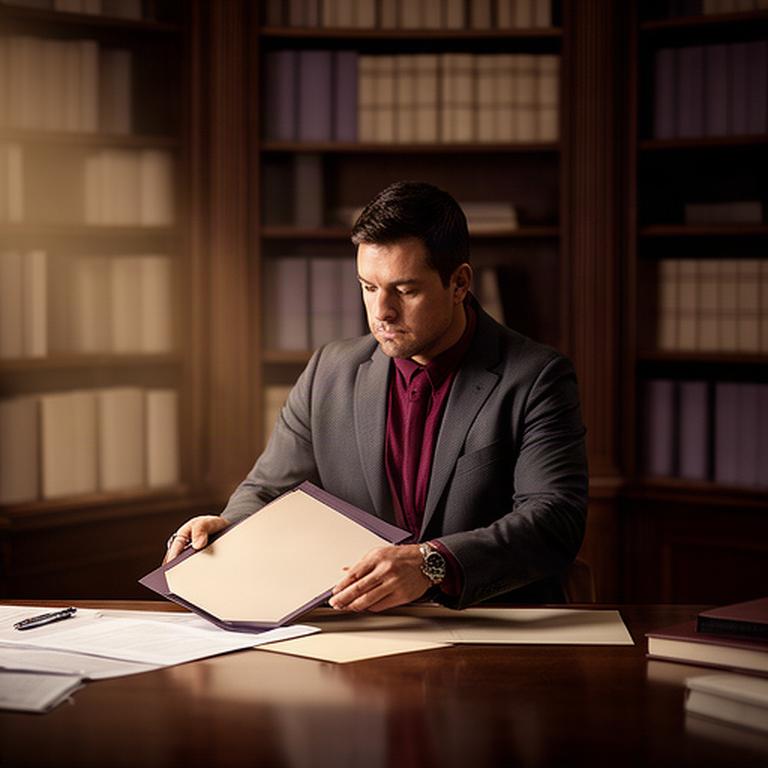 Profesional del derecho preparando una defensa judicial en un despacho con estanterías de libros