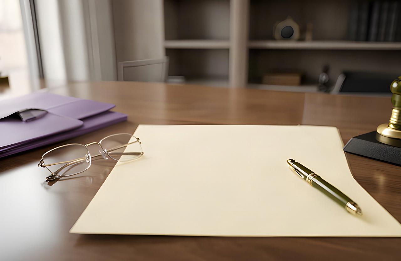 Mesa de trabajo jurídica con contrato, gafas y bolígrafo en un despacho de Murcia