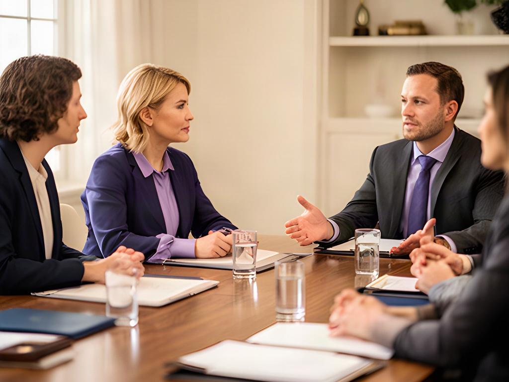 Clientes conversando con profesionales jurídicos en una sala de reuniones del despacho