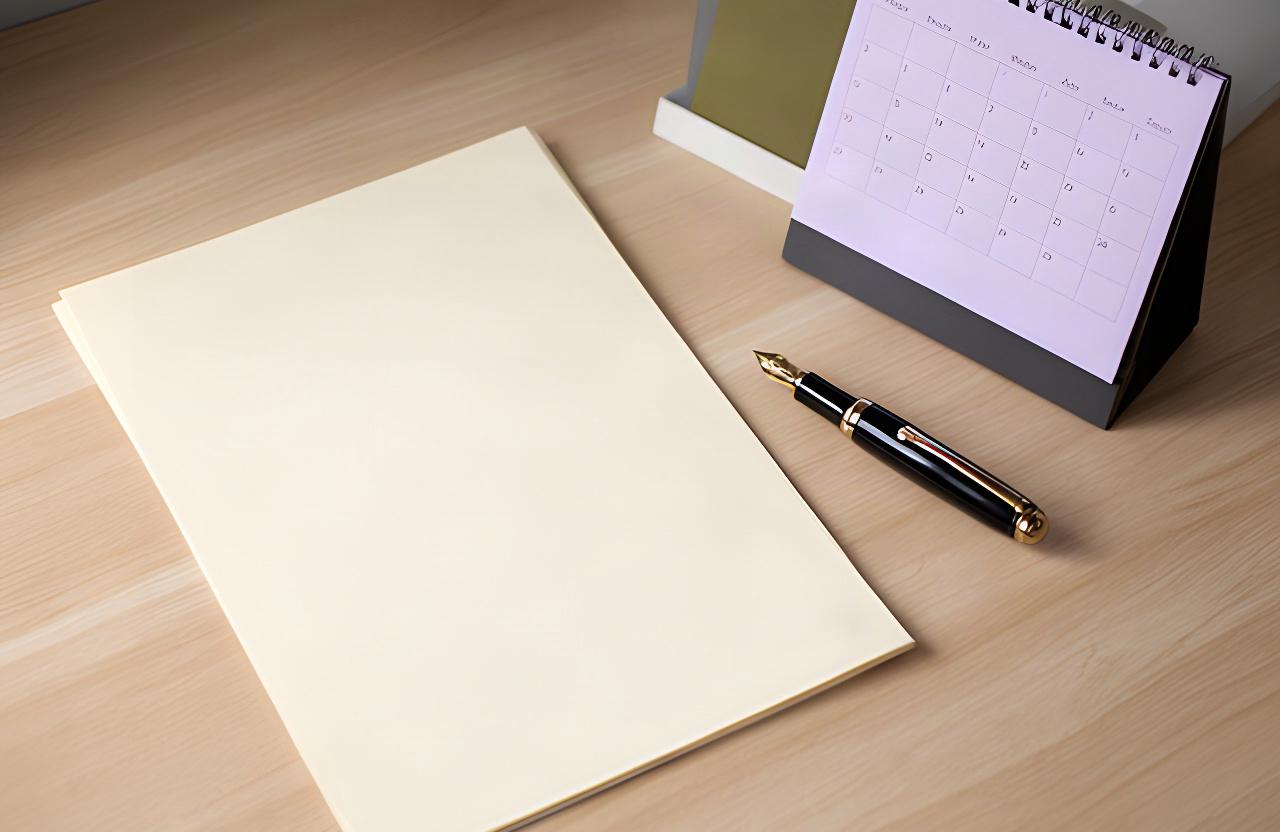 Documento de política de privacidad fechado junto a un calendario y una pluma
