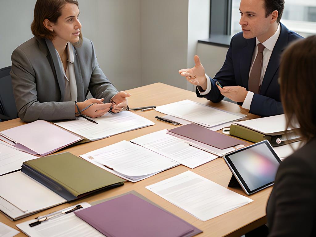 Reunión de asesoramiento legal con documentos y notas sobre una mesa de trabajo