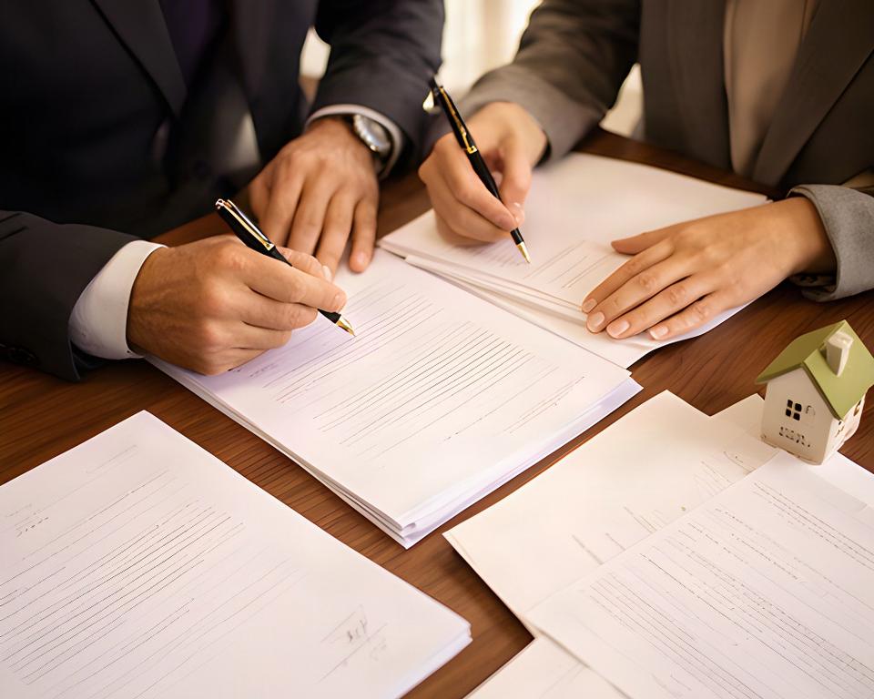 Manos firmando un contrato junto a documentos de una herencia en un despacho jurídico