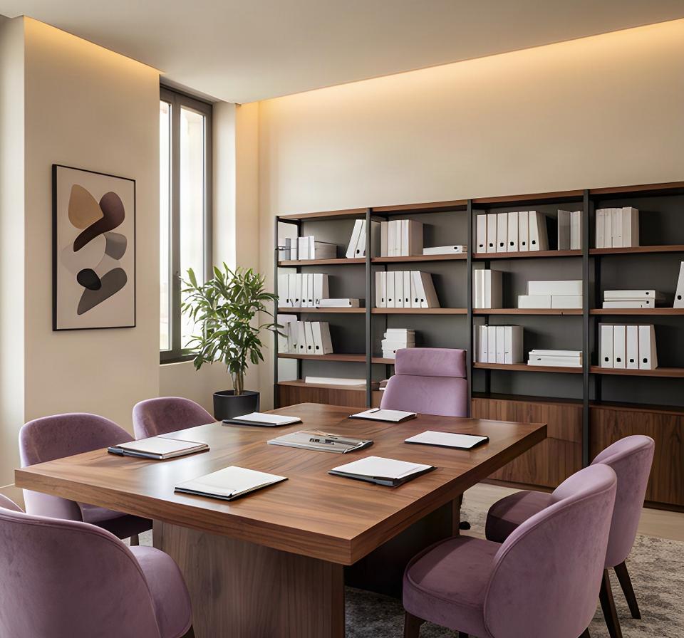 Interior sobrio de un despacho jurídico en Murcia con biblioteca y mesa de reuniones