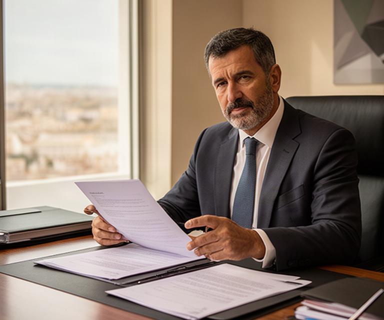 Socio director revisando un contrato mercantil en su despacho de Murcia