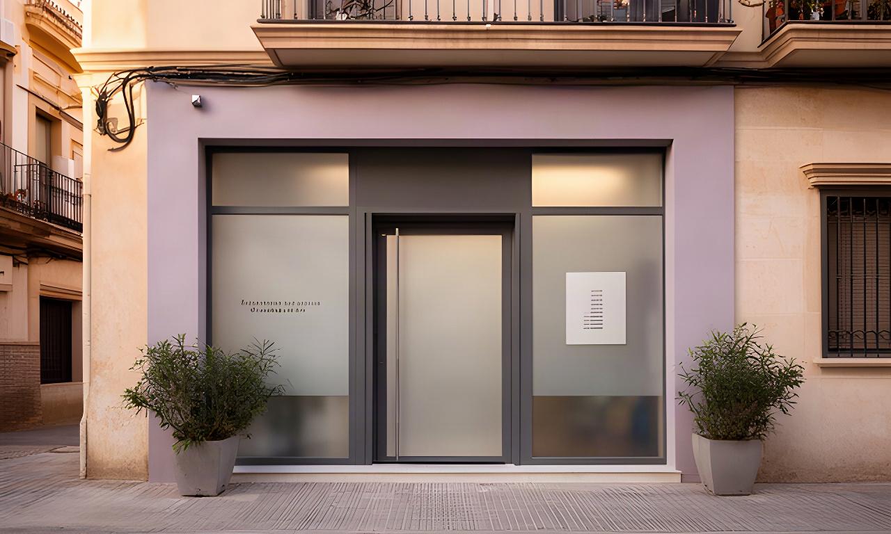 Fachada sobria de un despacho jurídico en una calle tranquila de Murcia
