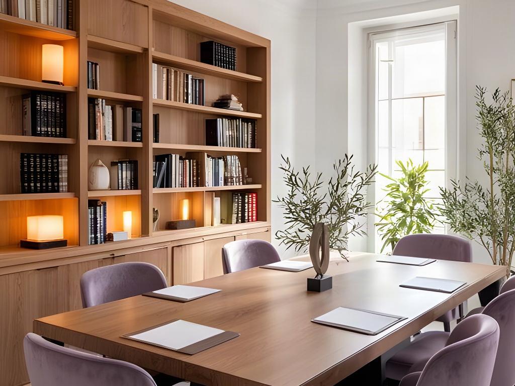 Interior de un despacho de abogados en Murcia con mesa de reuniones, estanterías y luz natural
