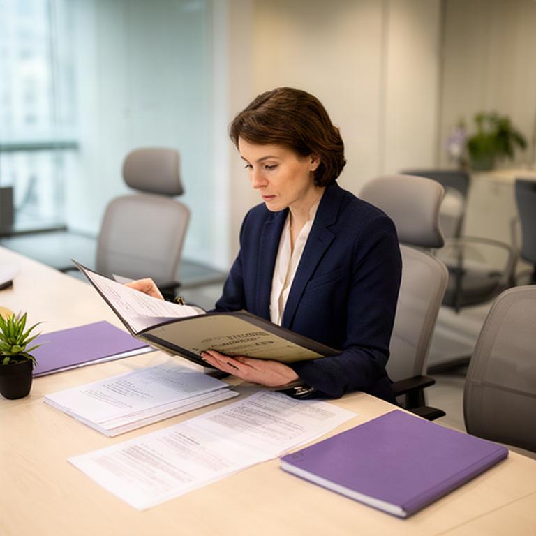 Profesional consultando un expediente laboral junto a una mesa de reuniones en Murcia