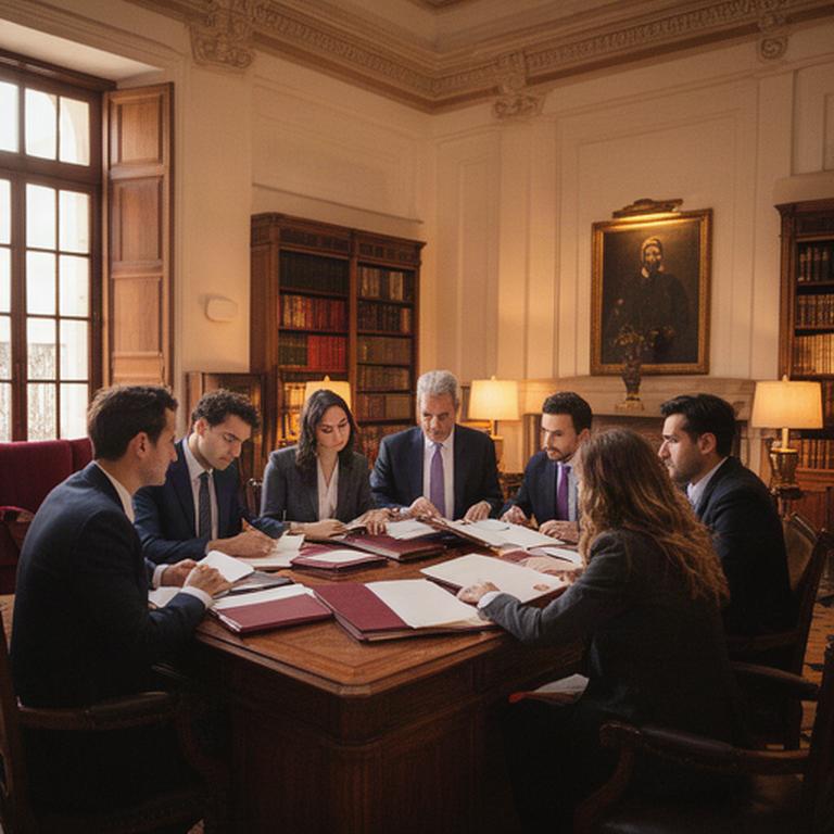 Abogados revisando expedientes en una sala histórica del despacho en Murcia