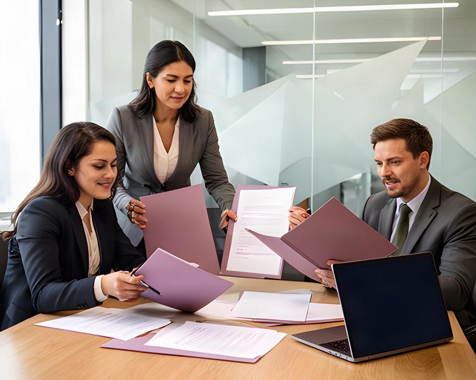 Reunión de socios analizando estatutos y contratos mercantiles en una oficina profesional