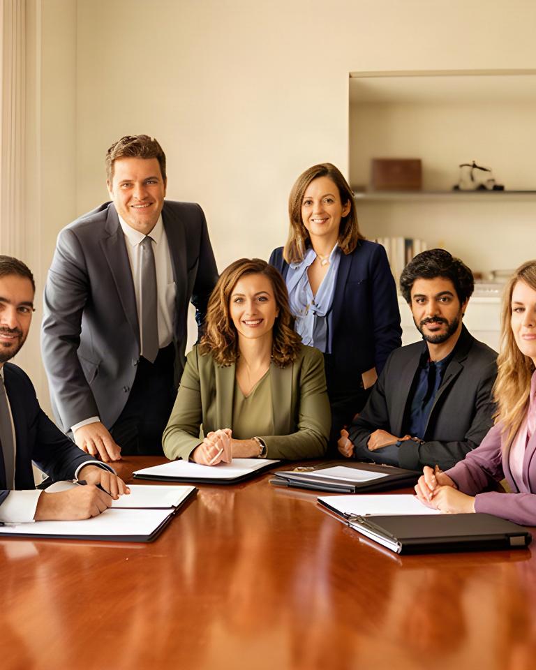 Equipo de abogados reunido en su despacho de Murcia alrededor de una mesa con expedientes