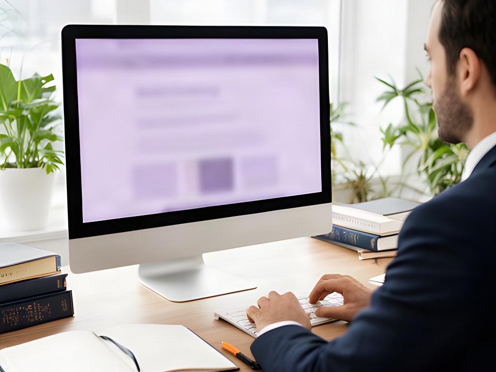 Persona revisando una página web jurídica en un ordenador dentro de un despacho luminoso