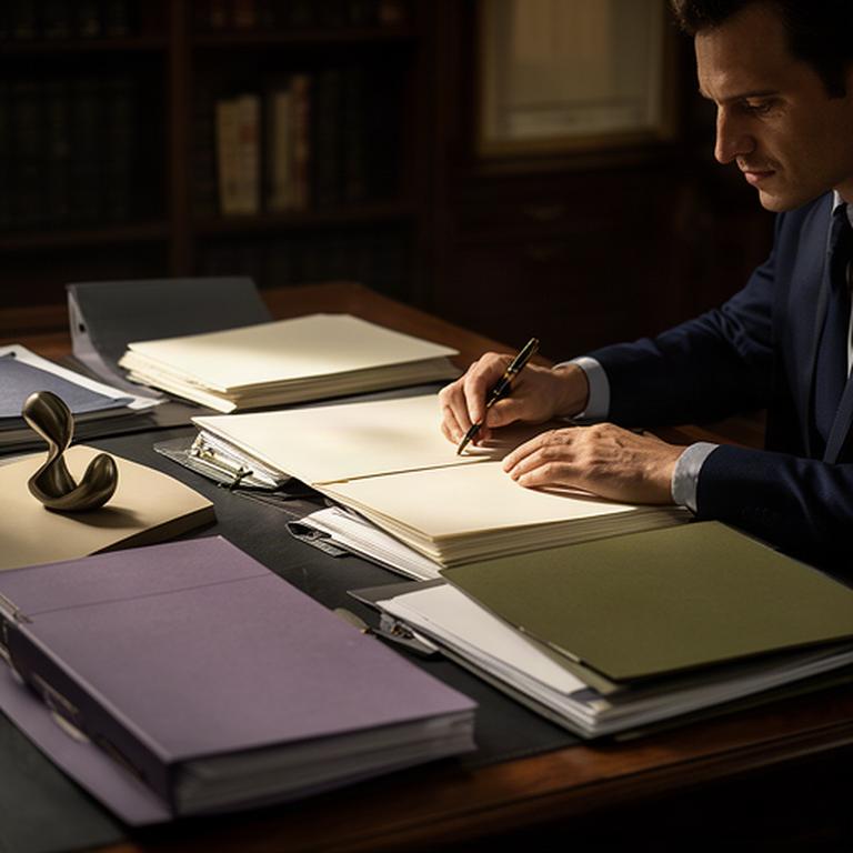 Profesional del derecho preparando una defensa jurídica junto a documentos ordenados