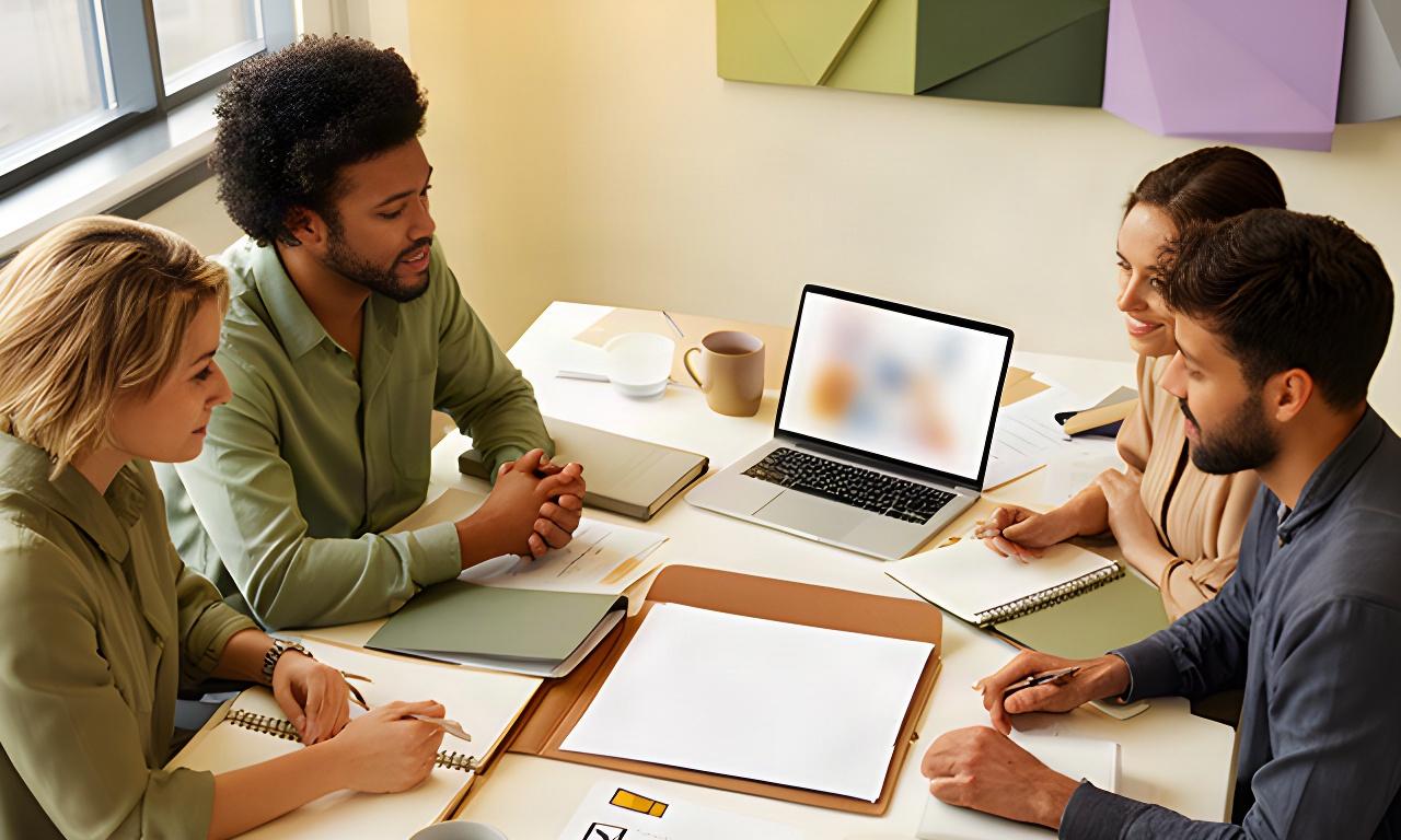 Equipo de una pequeña empresa examinando un protocolo de cumplimiento normativo sobre una mesa de trabajo