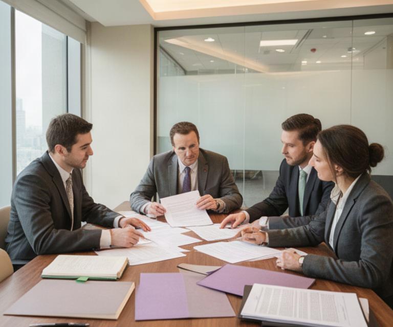Abogados analizando documentación de una empresa durante una reunión de trabajo