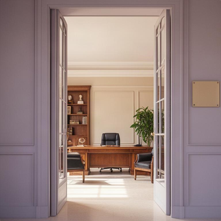 Entrada de un despacho de abogados en Murcia con recepción luminosa y mobiliario clásico