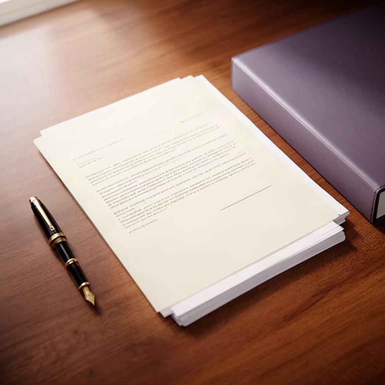 Documentos legales y contrato sobre una mesa de madera junto a una pluma y una carpeta
