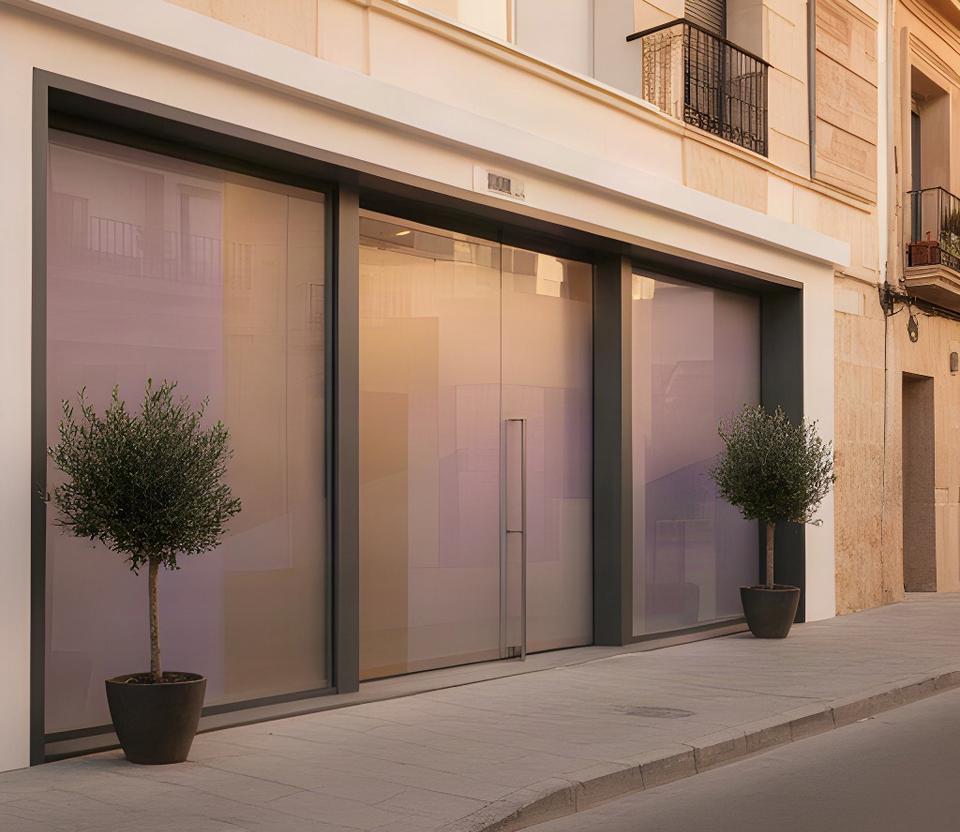 Fachada de un despacho profesional en una calle tranquila de Murcia con entrada acristalada