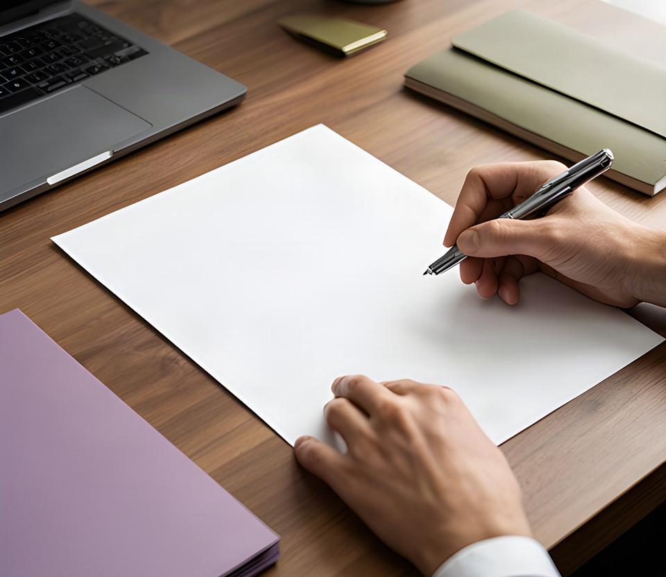 Manos escribiendo datos de contacto en un formulario sobre una mesa de oficina