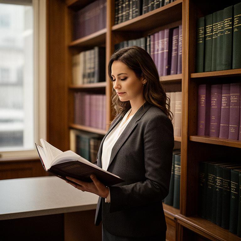 Abogada consultando legislación actualizada en la biblioteca del despacho